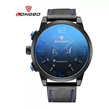 Relógio De Quartzo De Couro - Longbo 2016 (preto Com Azul)