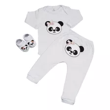 Roupa Bebe Body + Mijão + Sapatinho Bordado Conjunto 3 Peças