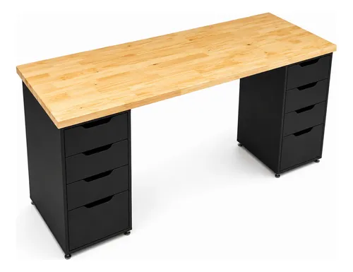 Mesa Setup Gamer Home Office 160x60 Com 2 Gaveteiros 01 Pinus Natural - Gaveteiros Pretos