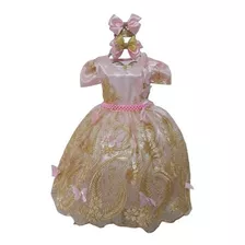 Vestido De Princesa Rosa Com Dourado Super Luxo,aniversario