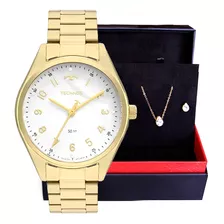 Relógio Technos Feminino Dourado Original Colar E Brincos