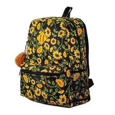 Mochila Floral Girassol Feminina + Chaveiro Pompom De Brinde