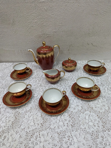 Juego De Té Antiguo Bavaria Hertel Jacob Rojo Y Oro 15pzs Rojo Rojo Con Cenefa Dorada — imagen 1