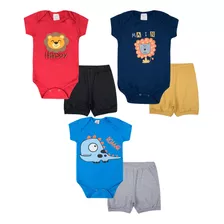 Kit Roupa De Bebe 6 Peças Body Manga Curta E Short Algodão