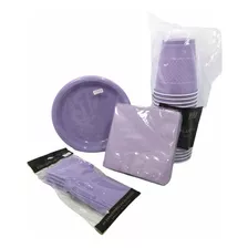 Kit Pastel Merienda P 20 Desechables Lila Plato Vaso Serv Te