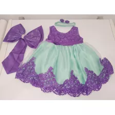 Vestido Broderie Y Tul Turquesa Y Violetapara Niñas De 1 Año