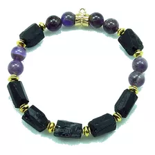 Pulsera De Cuarzo Amatista Y Turmalina Negra Mod L68 Trc25