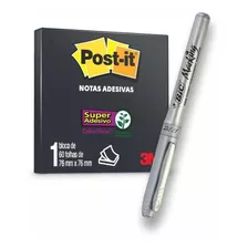  Post-it Preto 3m - 60 Folhas 7,6x7,6cm + Caneta Prata Bic