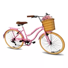 Bicicleta Feminina Aro 26 Vintage Pneus Creme Cesta Vime 