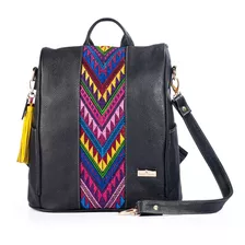 Mochila De Seguridad En Piel Con Telar Artesanal Backpack Color Negro Diseño De La Tela Maria Etnico
