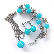 Conjunto Colar Brinco E Pulseira Amazonita Em Aço Cirúrgico