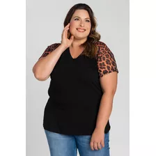 Blusa Feminina Plus Size Visco Decote V Mangas Animal Pri