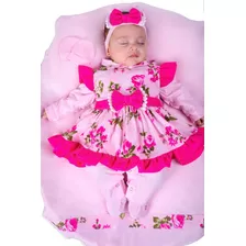 Saida De Maternidade Menina Salmão Floral 05 Peças Pompom