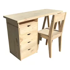 Combo Escritorio Pc Caballete, Cajonera Y Silla Madera Pino 