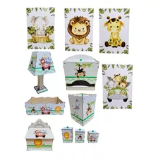 Kit Higiene Bebe Safari Maternidade Com Trio De Quadros Mdf