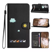 Funda Tipo Cartera Con Ranuras Para Samsung, De Piel De Gato