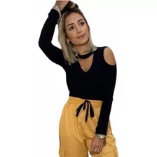 Blusa Ombros Vazados Decote V Gola Chocker