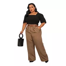 Calça Pantalona Feminina Cinto Casual Plus Size Alfaiataria