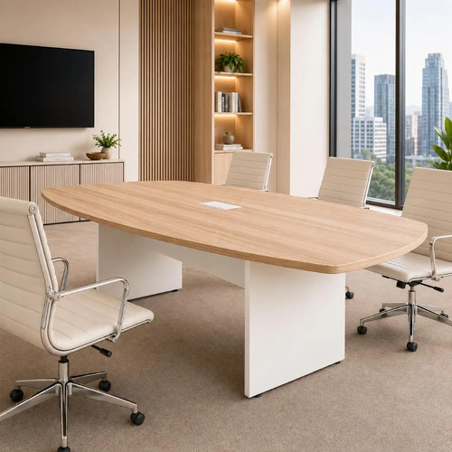 Mesa Reunião 270cm X 110cm Pé Painel Com 2 Caixas Tomadas F5 Macadâmia Com Branco