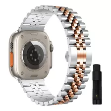 Pulseira Aço Inox Social Masculino P/ Apple Watch 7 8 Ultra Cor Prata E Rose Largura 49 Mm