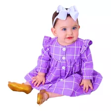 Vestido Bebê Menina Manga Comprida Lilás Xadrex Com Tiara