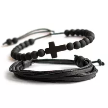 Kit C/ 2 Pulseiras Masculina Fem Couro Terço Cruz Ajustável