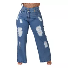 Calça Jeans Wide Leg Pantalona Plus Size Destroyed 