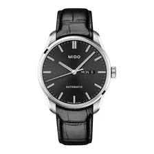 Reloj De Pulsera Mido Belluna M024.630 De Cuerpo Color Plateado, Analógico, Para Hombre, Fondo Negro, Con Correa De Cuero Color Negro, Agujas Color Gris Y Plateado, Dial Gris Y Plateado, Minutero/segu