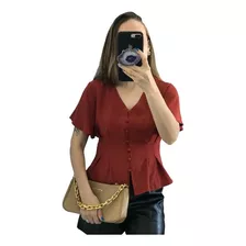 Blusa Camisa Manga Curta Flare Morcego Botoes Forrados