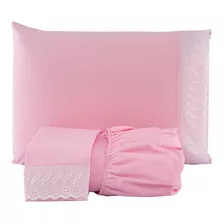 Jogo De Lençol 03 Peças Queen 100% Algodão 150 Fios 40cm Alt Cor Rosa Desenho Do Tecido Liso