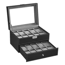 Watch Box 20 Mens Case Glass Top Black And Gray Dis Org...
