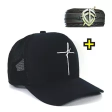 Boné Trucker Tela Preto Fé + Pulseira Couro Fé