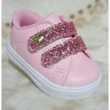 Tênis Rosa Infantil Feminino Estiloso Gliter, Casual