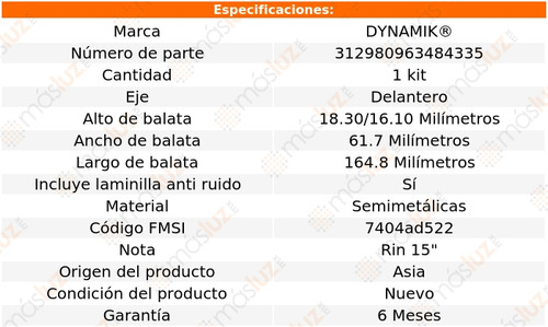 Balatas Semimetalicas Del Dodge Spirit L4 2.5l 91/94 Dynamik Foto 3