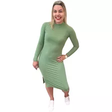 Vestido Midi Canelado Manga Longa / Gola Alta Moda Elegante 