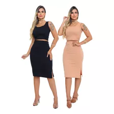 Kit C/2 Conjunto Canelado Feminino Saia Cropped Midi Justo 