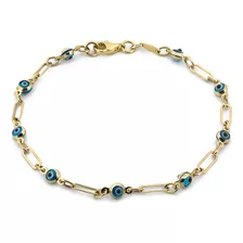 Pulsera Clip Ojitos Azules Oro Sólido 10k