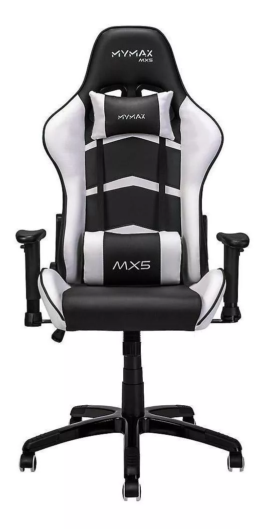 Cadeira De Escritório Mymax Mx5 Gamer Ergonômica Preta E Branca Com Estofado De Couro Sintético