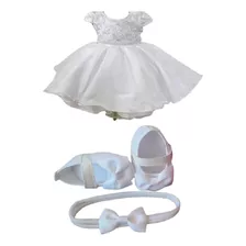 Vestido Batizado Branco Menina Infantil + Sapato Bebe + Laço