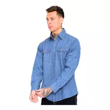 Camisa Jeans Básica Masculina Com Botão Manga Longa E Bolso