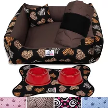 Kit Cama Caminha 4 Peças Para Cachorro - Tamanho M 60x60 Cor Coração Safari