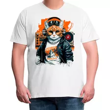 Camiseta Plus Size Bco Gato Laranja Jaqueta Couro Musica