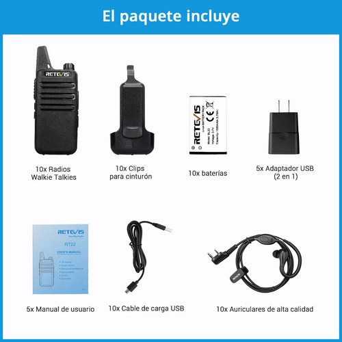 10 Pcs Radios Mini Walkie Talkie Retevis Rt22 Con Audfonos Foto 10