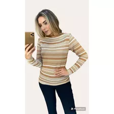 Blusa Tricot Listrada Marrom Clara Manga Longa Com Fenda