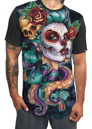 Camiseta Long Line Oversized Katrina Caveira Mexicana