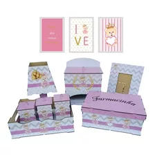 Kit Higiene Bebe Com Trio De Quadro Princesa Decoração Rose