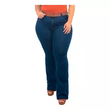 Calça Jeans Feminina Flare, Plus Size, Azul Escuro Com Cinto