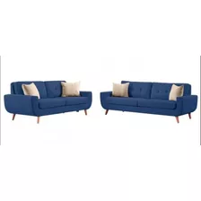 Sofá, Sala, Mueble Mueble 3-2 Vintage Color Azul Acero Diseño De La Tela Terciopelo