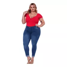 Calça Skinny Feminina Jeans Elastano Barra Virada Plus Size