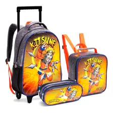 Kit Mochila De Rodinhas Infantil Escolar Super Kitsune Anime